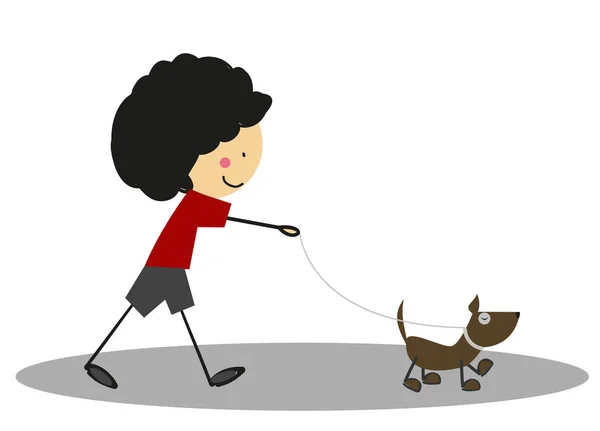 Doodle Little Cute Boy Walking Dog Full Color — Stock Vector