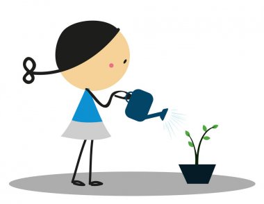 Doodle küçük kız çiçek, su veren Bahçe - tam renkli