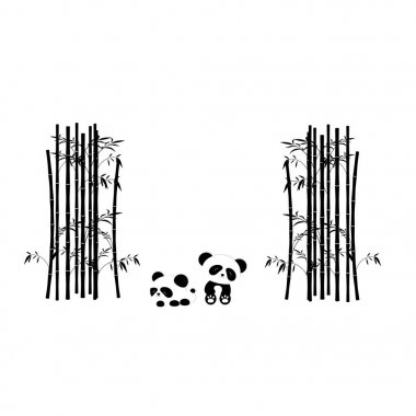 Funny Panda Playing In The Bamboo Trees - black and white color clipart