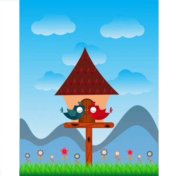 小鸟栖息在一座有蓝天景观的鸟屋里 — 图库矢量图片
