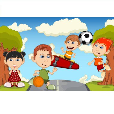 Çocuklar çizgi filmde basketbol, futbol ve kaykay oynarlar.