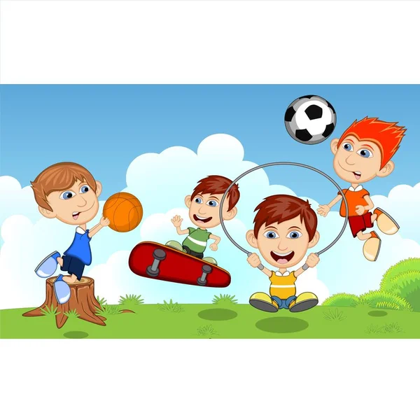 Children Playing Soccer Eating Ice Cream Running Park Cartoon — Stock Vector