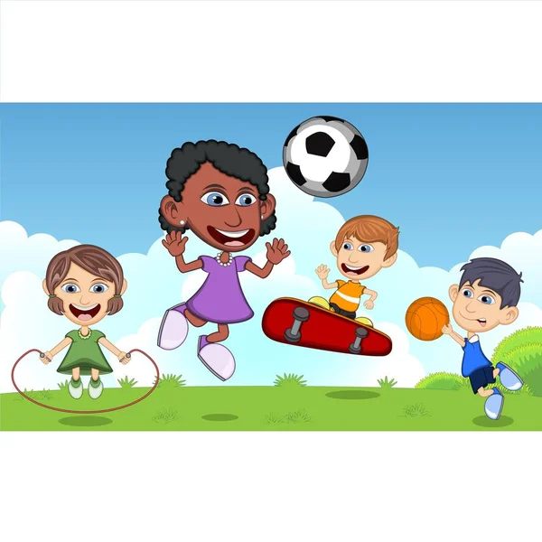 Crianças Jogando Futebol Comendo Sorvete Correndo Parque Dos Desenhos Animados — Vetor de Stock