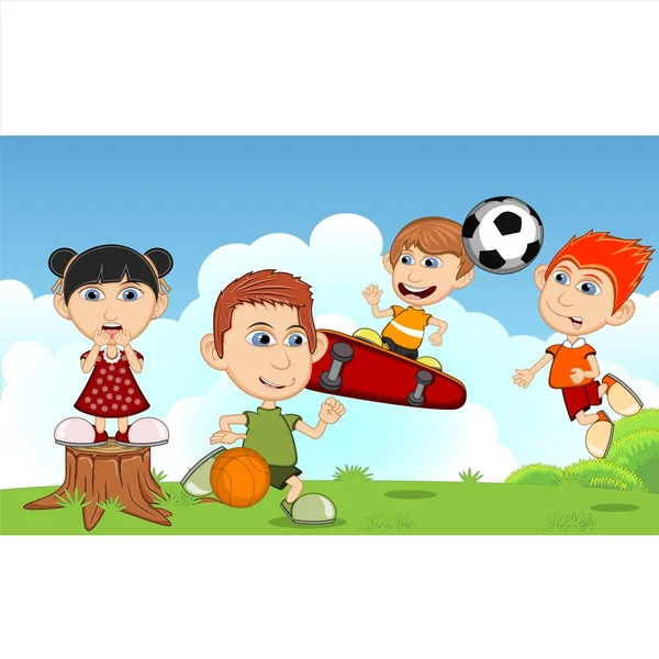 Niños Jugando Fútbol Comiendo Helado Corriendo Parque Dibujos Animados — Archivo Imágenes Vectoriales