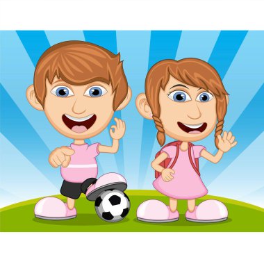 Parktaki çizgi film vektör illüstrasyonunda oynayan çocuklar