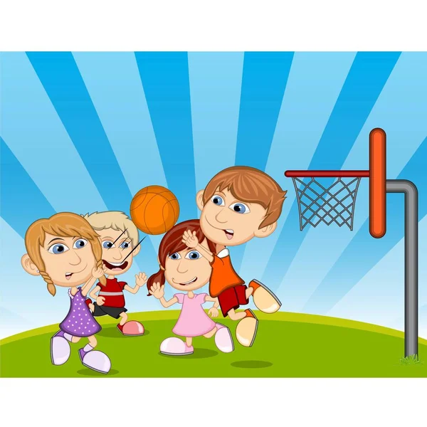 Bambini Che Giocano Basket Sul Parco Illustrazione Vettoriale Cartone Animato — Vettoriale Stock