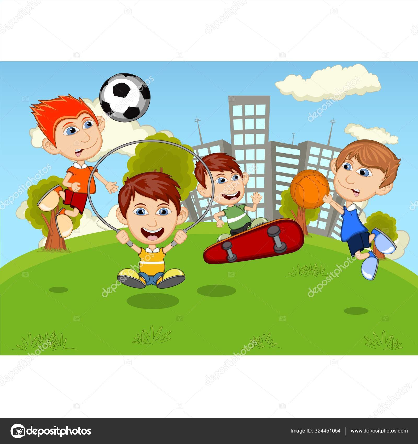 Children Playing Skateboard Basketball Jumping Rope Soccer Park Cartoon Vector Vector Image By C Warawiri Vector Stock Children Playing Skateboard Basketball Jumping Rope Soccer Park Cartoon Vector Vector Image By C Warawiri Vector Stock