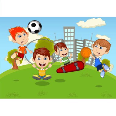 Kaykay, basketbol, ip atlama, parkta futbol oynayan çocuklar.