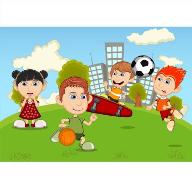 Park çizgi filmi vektör illüstrasyonunda basketbol oynayan çocuklar