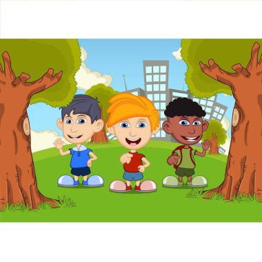 Parktaki çizgi film vektör illüstrasyonunda oynayan çocuklar