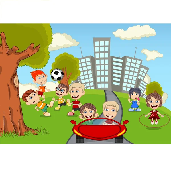 Enfants Jouant Dans Parc Dessin Animé — Image vectorielle