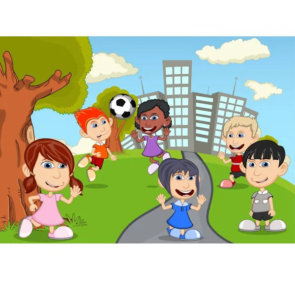 Bambini Che Giocano Nel Cartone Animato Del Parco — Vettoriale Stock