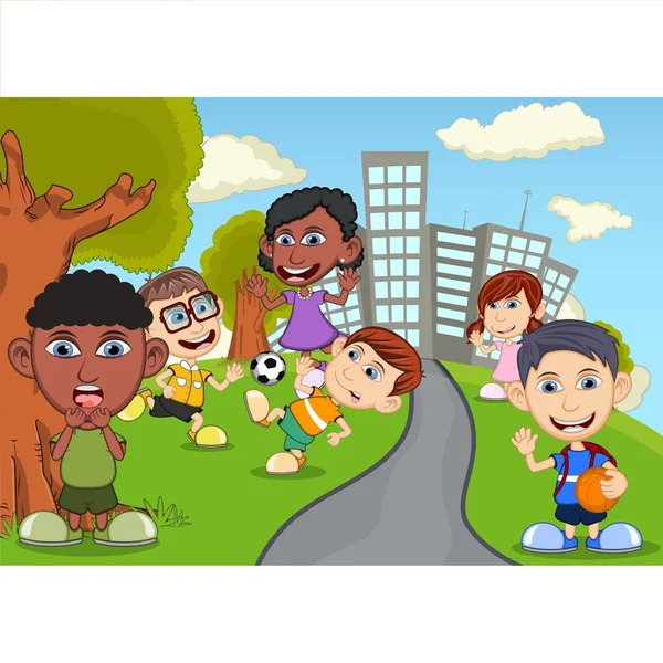 Gyerekek Játszanak Parkban Rajzfilm — Stock Vector