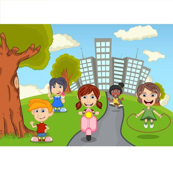 Enfants Jouant Dans Parc Dessin Animé — Image vectorielle