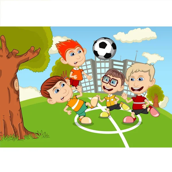 Crianças Jogando Futebol Nos Desenhos Animados Parque —  Vetores de Stock