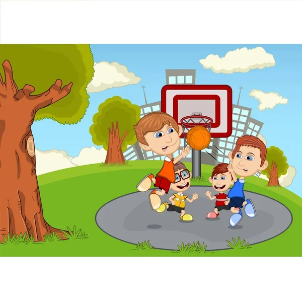 Παιδιά Που Παίζουν Μπάσκετ Στο Πάρκο Καρτούν — Διανυσματικό Αρχείο