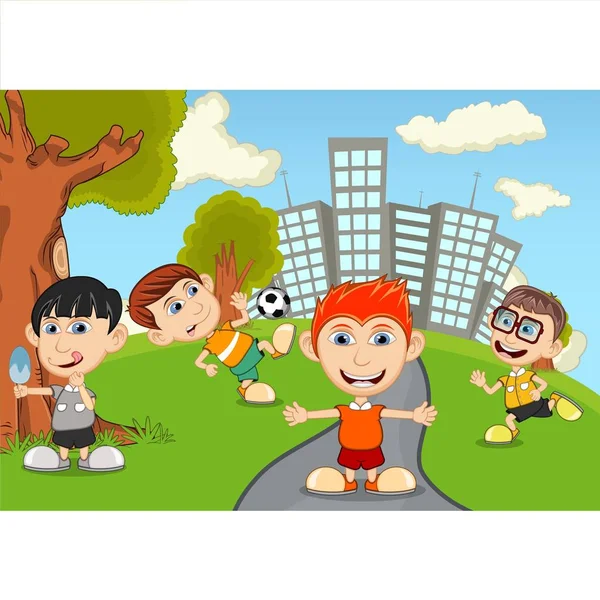 Crianças Jogando Basquete Pulando Corda Futebol Parque Desenhos Animados —  Vetores de Stock