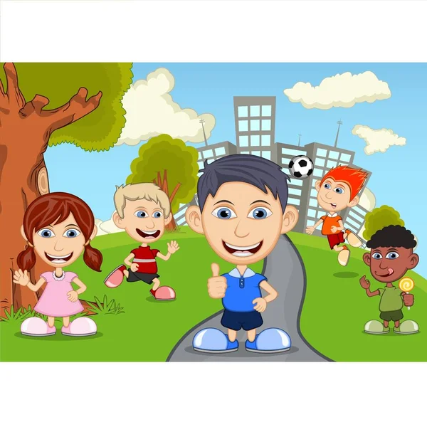 Children Playing Basketball Jumping Rope Soccer Park Cartoon — Stock Vector