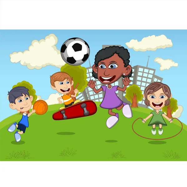Kinder Spielen Skateboard Basketball Seilspringen Fußball Park Cartoon Vektor Illustration — Stockvektor