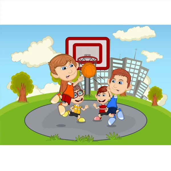 Enfants Jouant Basket Ball Sur Parc Illustration Vectorielle Dessin Animé — Image vectorielle