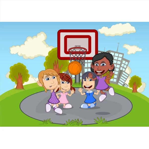 Kinder Spielen Basketball Auf Dem Park Cartoon Vektor Illustration — Stockvektor