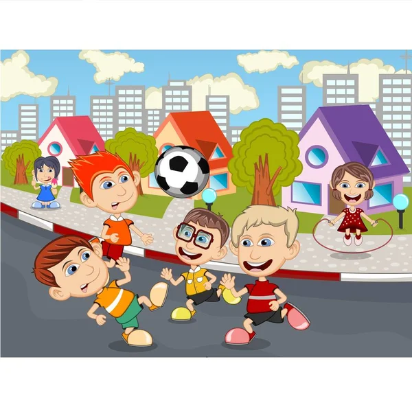 Bambini Che Giocano Sulla Strada Cartone Animato Vettoriale Illustrazione — Vettoriale Stock