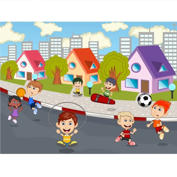 Bambini Che Giocano Sul Cartone Animato Strada — Vettoriale Stock