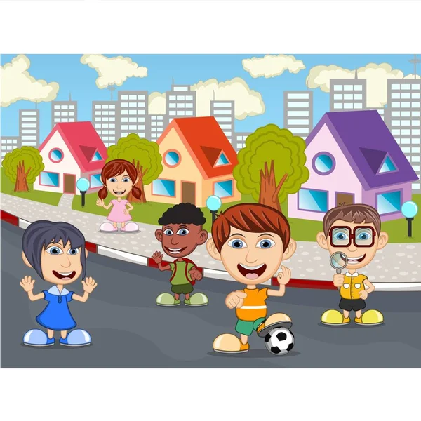 Niños Jugando Calle Dibujos Animados — Vector de stock