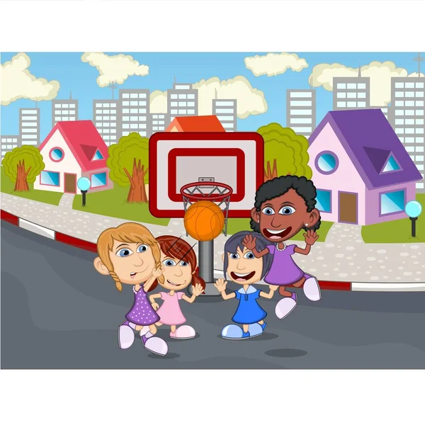 Kinder Spielen Basketball Auf Der Straße Cartoon Vektor Illustration — Stockvektor