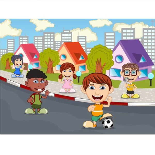 Kinder Spielen Auf Der Straße Cartoon Vektor Illustration Stockillustration