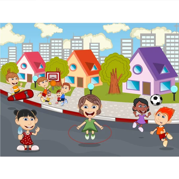 Kinder Spielen Basketball Auf Der Straße Cartoon Vektor Illustration lizenzfreie Stockvektoren