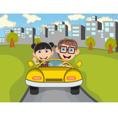 Mutlu Çocuk, İnek ve Koyun, şehrin arka planında çizim çizimi olan bir arabada.