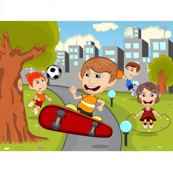 Carino Felice Cartone Animato Bambini Che Giocano Nel Parco Verde — Vettoriale Stock