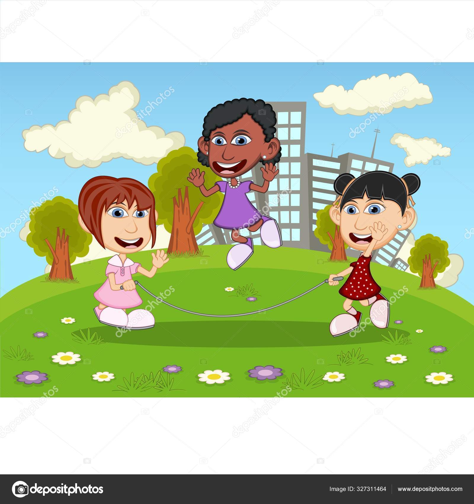 Girls Playing Jump Rope Park Cartoon Image Illustration Vector Image By C Warawiri Vector Stock