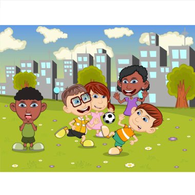 Parktaki çizgi film resimlerinde oynayan çocuklar