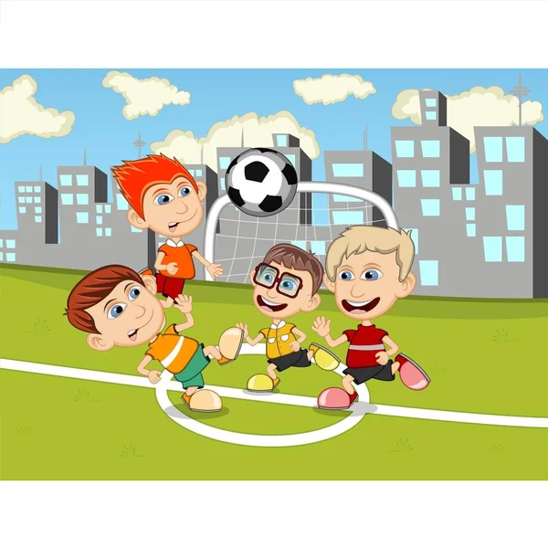 Παιδιά Που Παίζουν Ποδόσφαιρο Στην Εικόνα Κινουμένων Σχεδίων Πάρκο — Διανυσματικό Αρχείο
