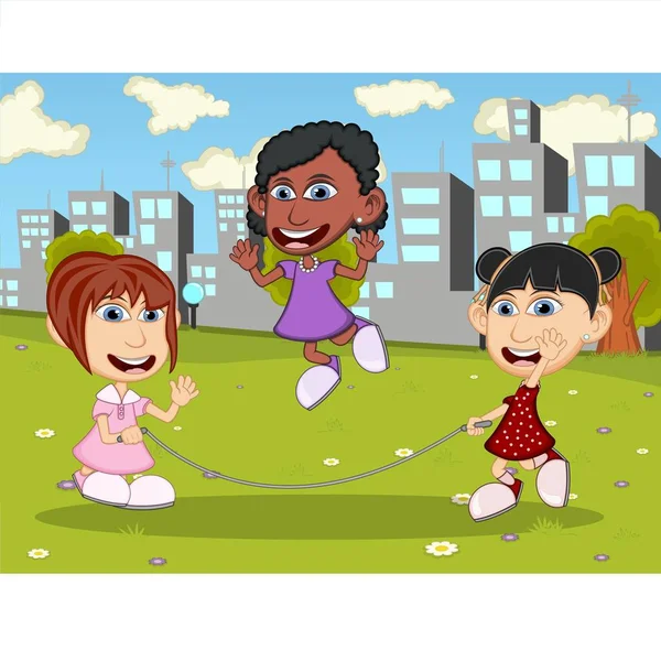 Chicas Jugando Saltar Cuerda Parque Ilustración Vector Dibujos Animados — Archivo Imágenes Vectoriales