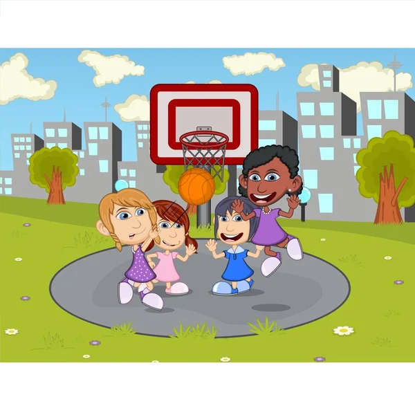 Kinder Spielen Basketball Stadtpark Cartoon Bild Illustration — Stockvektor
