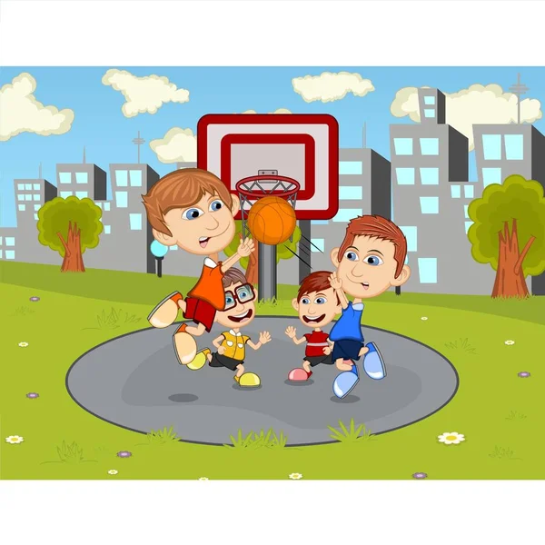 Παιδιά Που Παίζουν Μπάσκετ Στο Πάρκο Της Πόλης Εικονογράφηση Εικόνας — Διανυσματικό Αρχείο