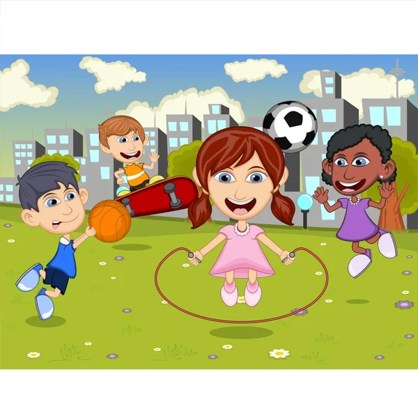 Glada Små Barn Som Leker Stadens Lekplats Tecknad Bild Illustration — Stock vektor