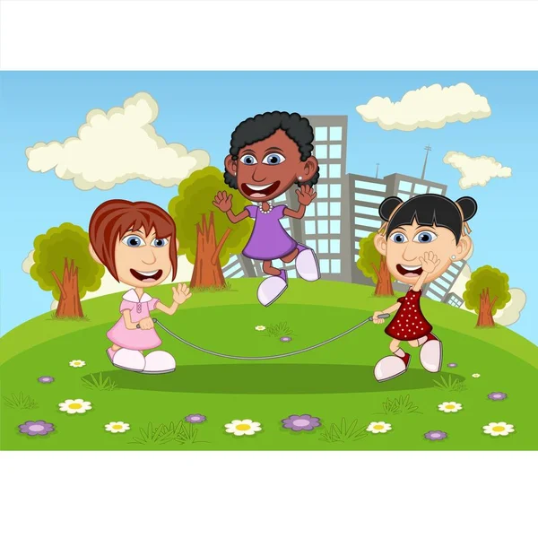 Mädchen Spielen Springseil Auf Dem Park Cartoon Bild Illustration Vektorgrafiken