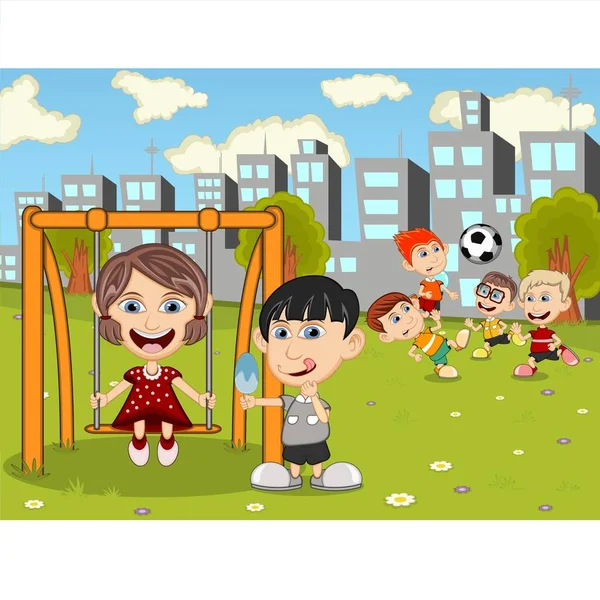 Enfants Jouant Dans Parc Illustration Image Dessin Animé Graphismes Vectoriels