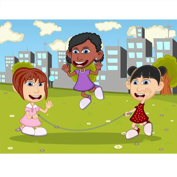 Mädchen Spielen Springseil Auf Dem Park Cartoon Vektor Illustration lizenzfreie Stockillustrationen