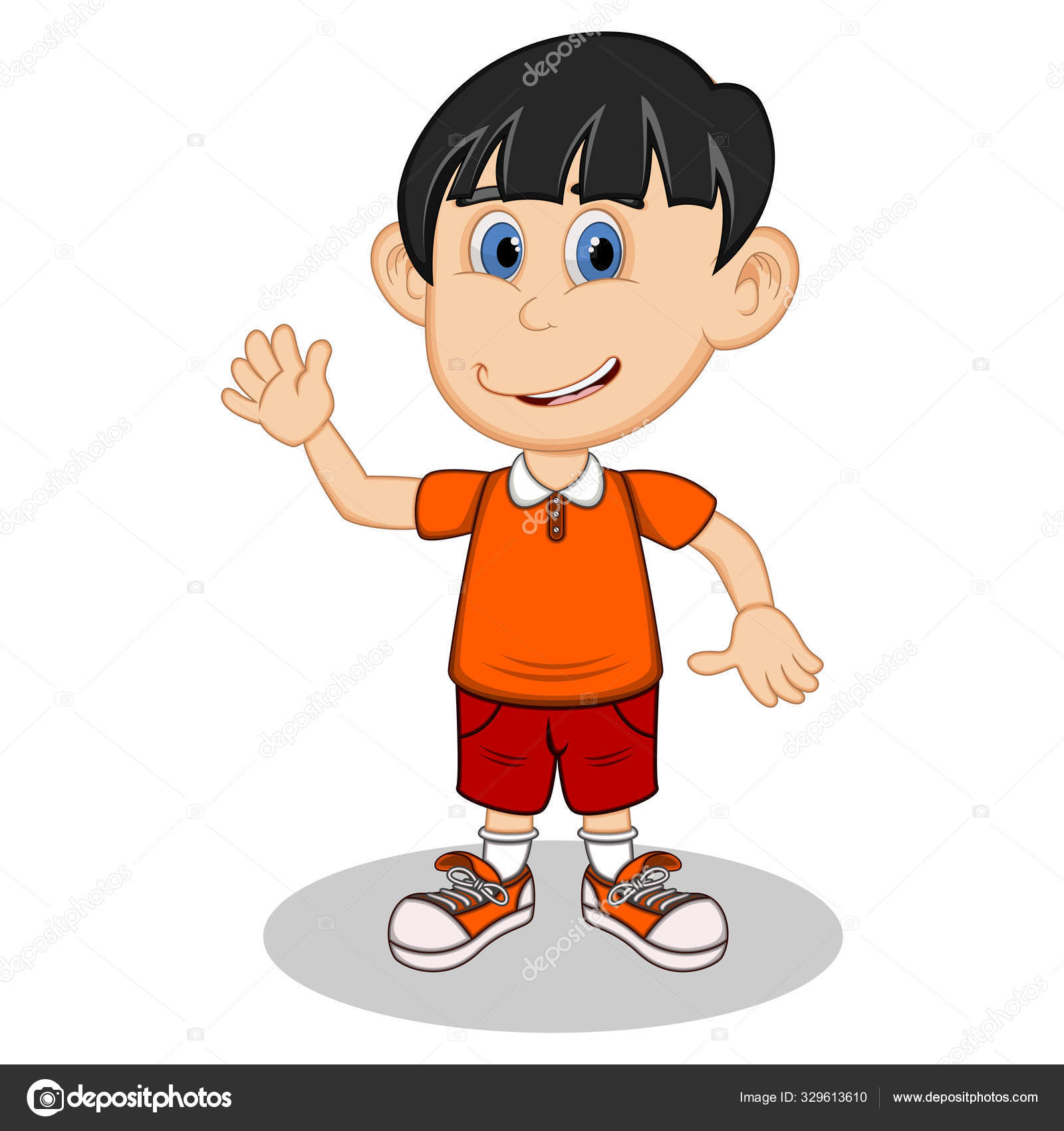 Boy Wearing Orange Shirt Red Pants Waving His Hand Cartoon Stock Vector