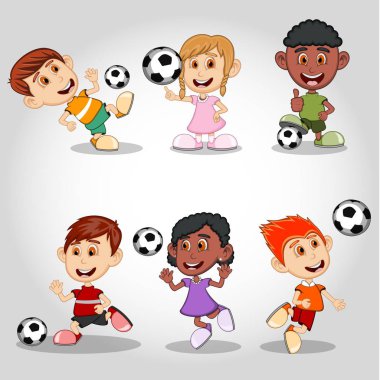Futbol çizgi filmi vektör illüstrasyonu oynayan bir grup çocuk.