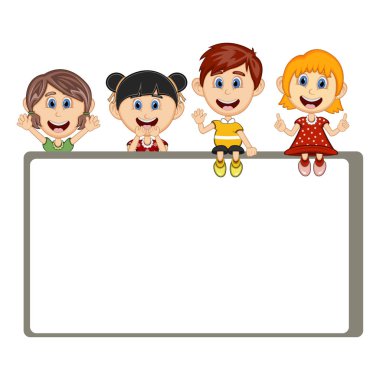 Çizgi film resimlerinin arkasına bakan çocuklar