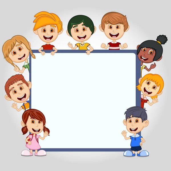 Kinderen Gluuren Achter Bordje Cartoon Vector Illustratie — Stockvector