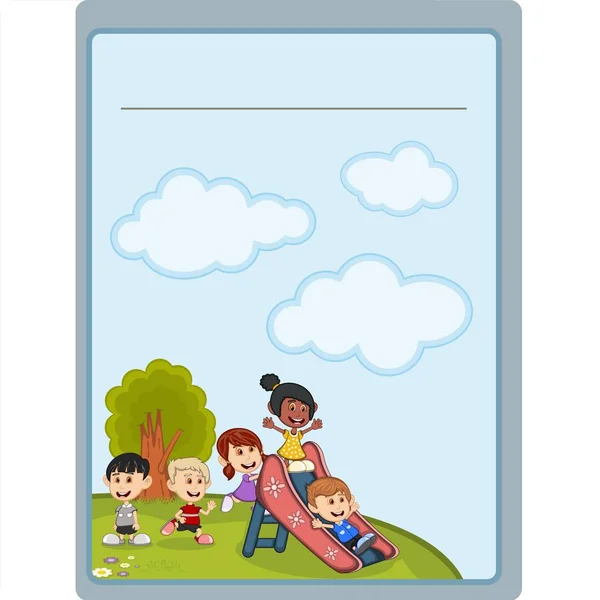 Placard Con Colina Árbol Cielo Nube Niños Jugando Una Ilustración — Archivo Imágenes Vectoriales