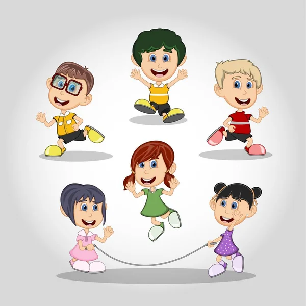 Set Children Running Jumping Rope Rajzfilm Vektor Illusztráció — Stock Vector