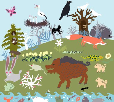 Yaz glade vahşi hayvanlar ve bir nehir sahip. İlkel grafik stil vektör